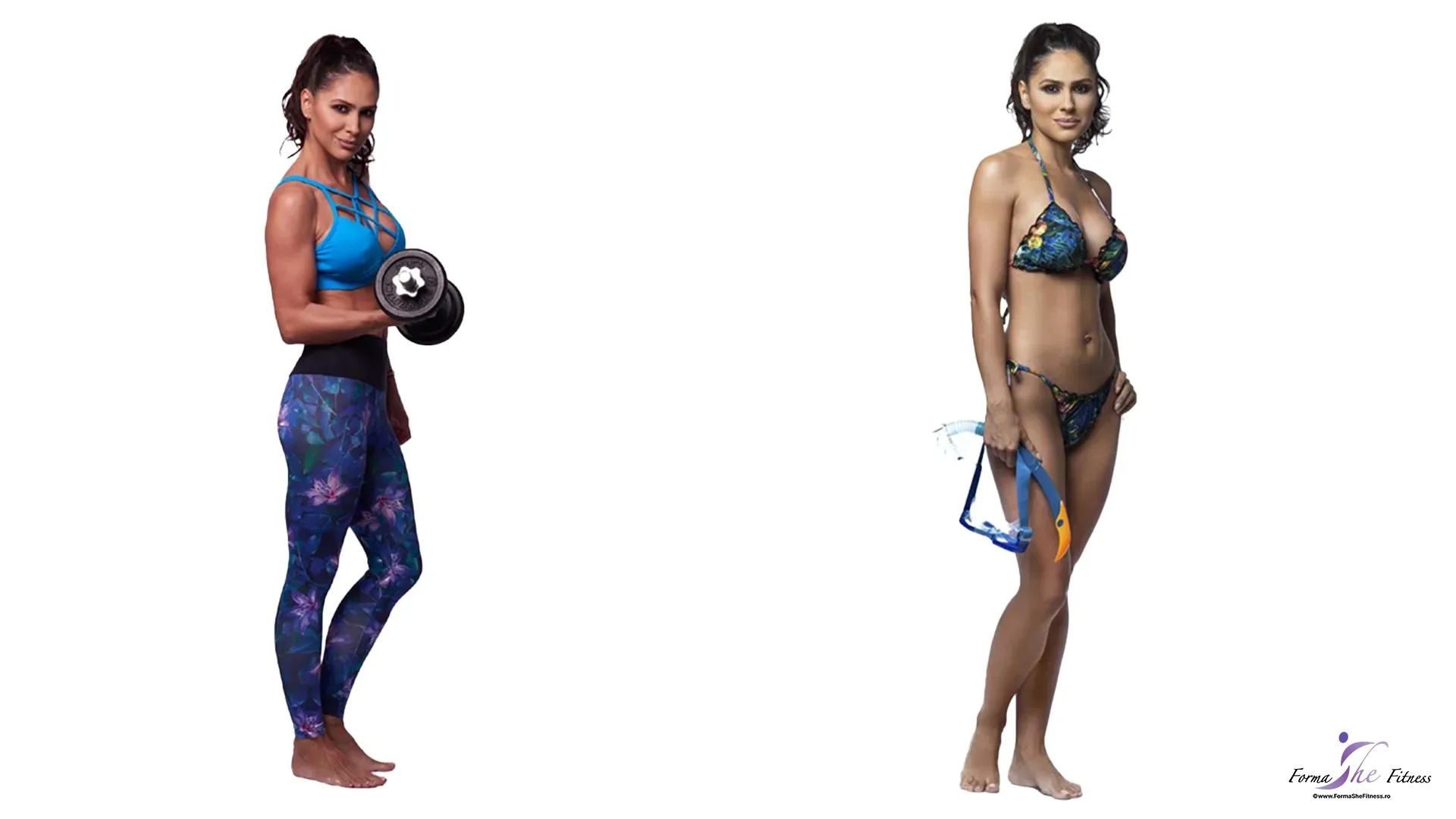 Maria Bendris pozand in echipament de sport, cu gantera si costum de baie