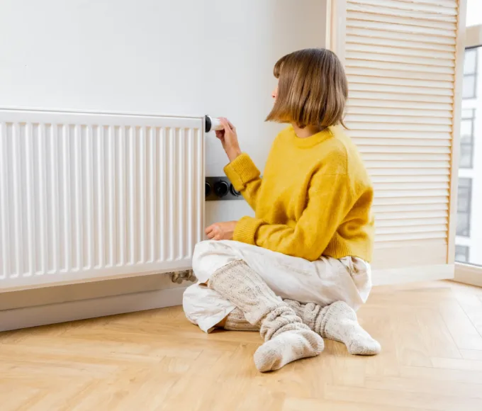 femeie stand pe jos langa calorifer, controland temperatura din termostat